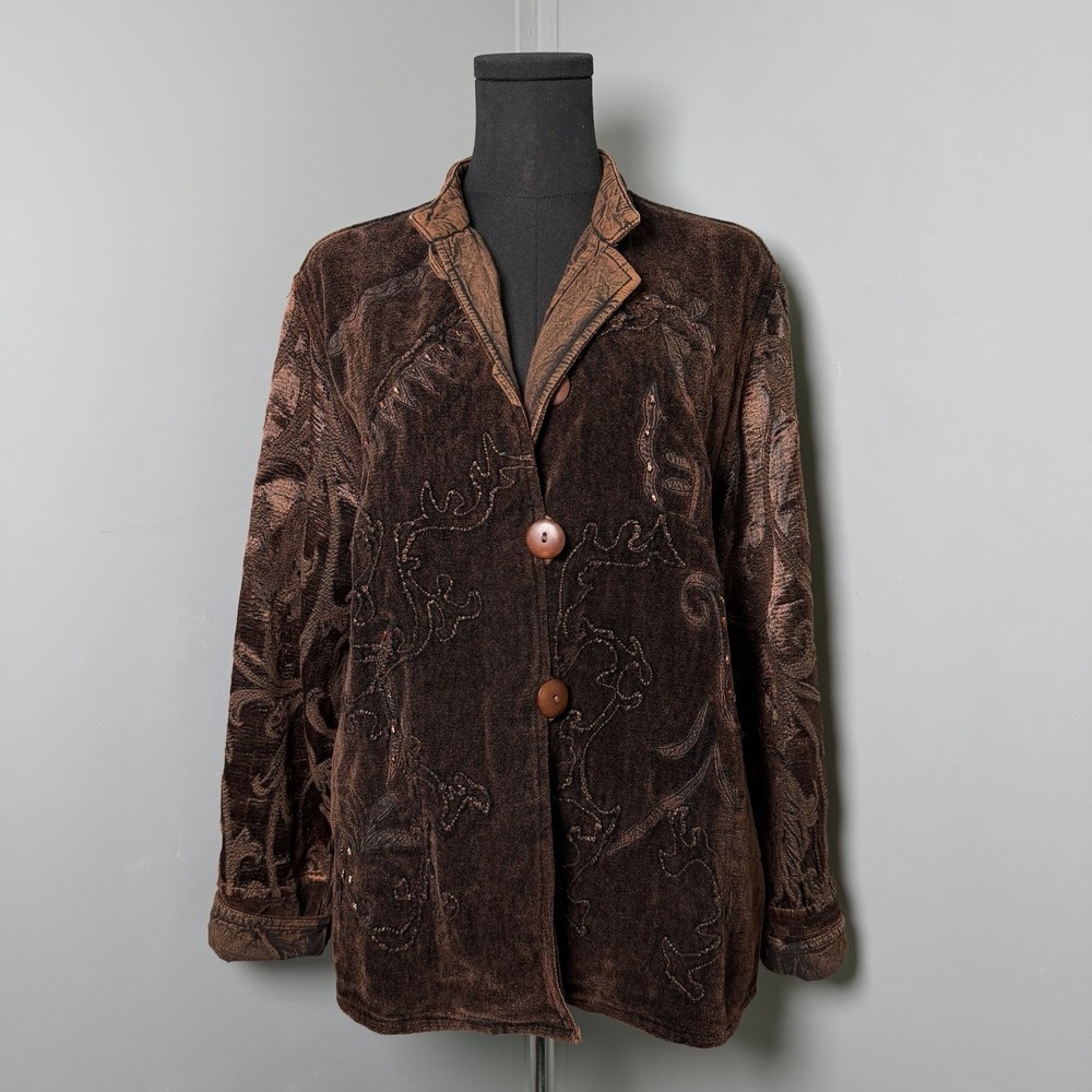 Flashback Womens Embroidered Chocolate Brown Jacket Beaded Western Boho Indie M